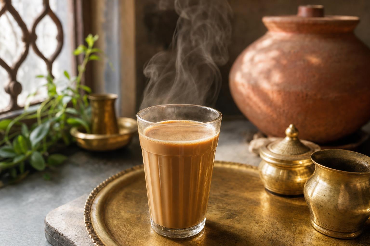 A glass of masala chai on a brass tray