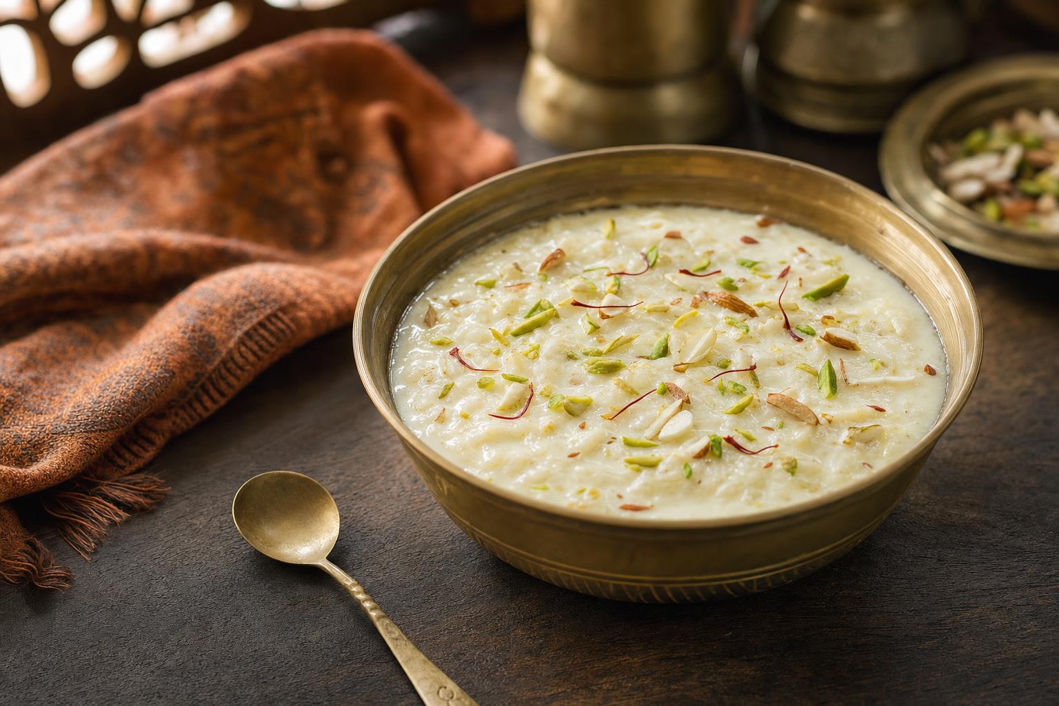 A bowl of rice kheer with pistachios