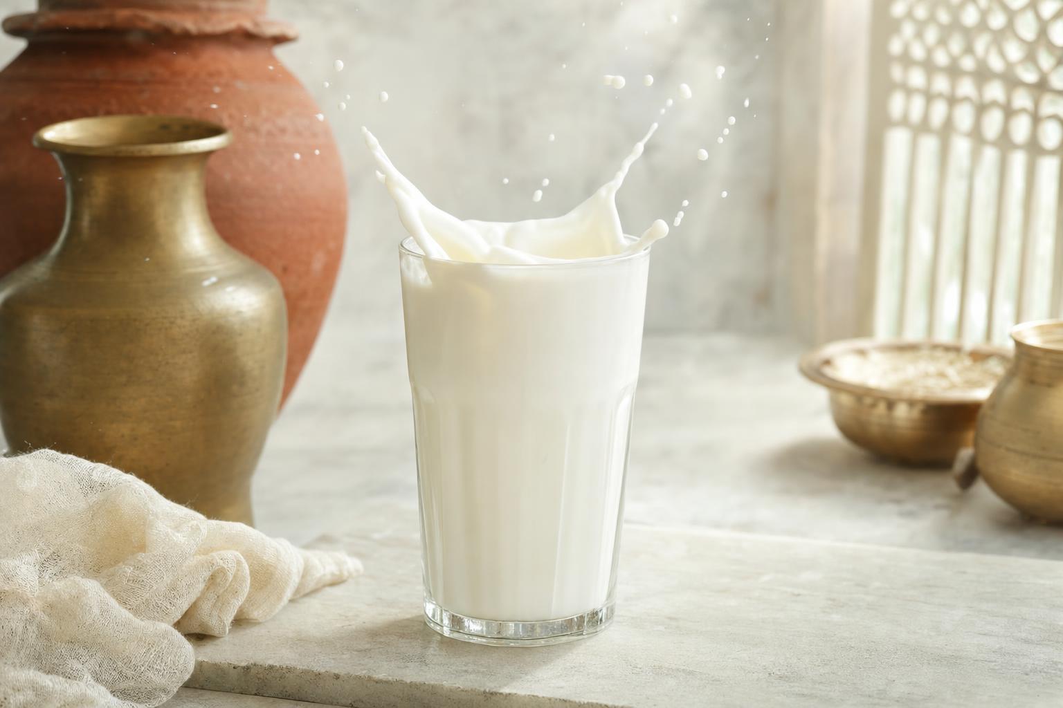 A glass of milk on a stone surface