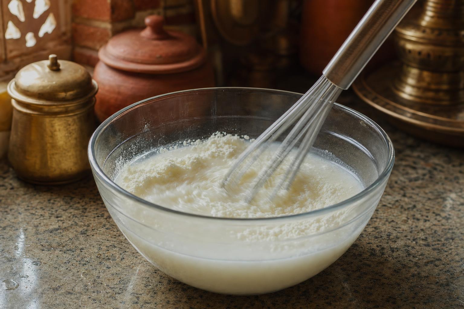 Milk powder whisked into water in a glass bowl