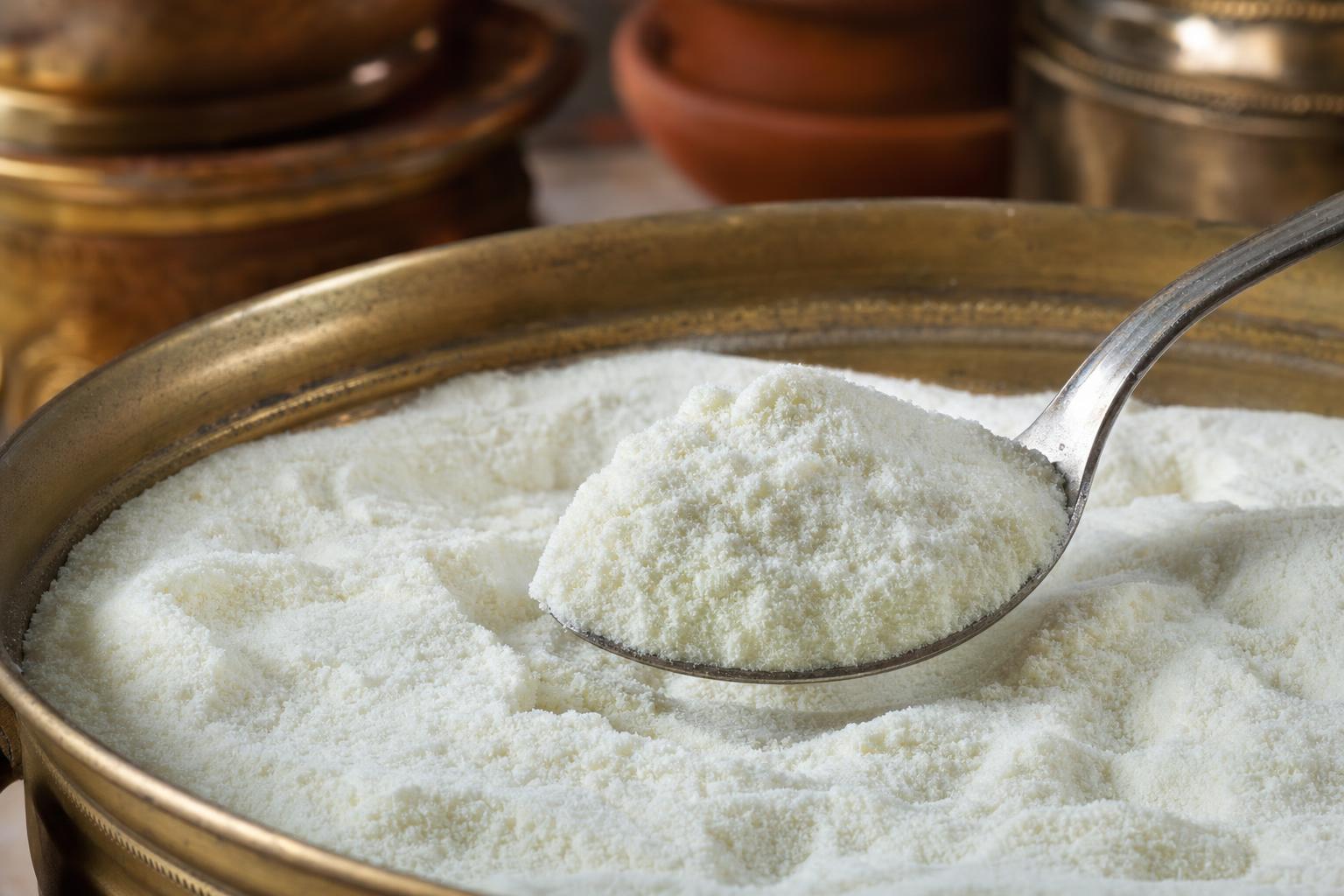Close-up of fine white spray dried milk powder lifted on a steel spoon