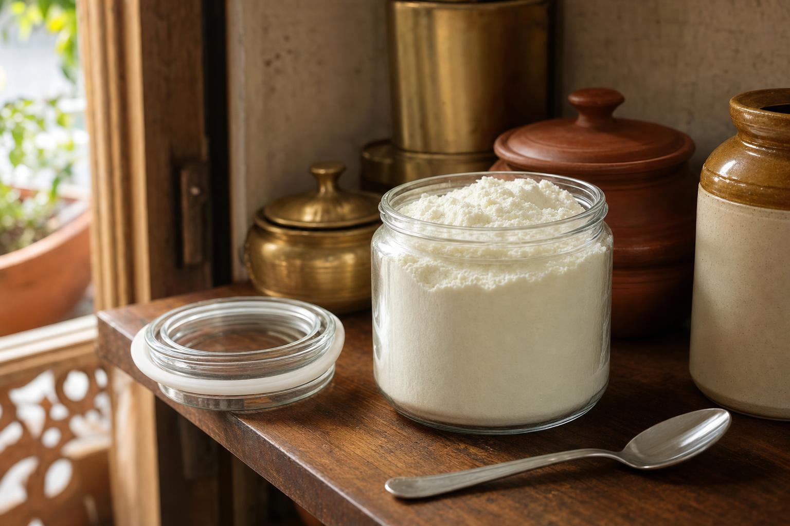 An airtight jar of milk powder on a kitchen shelf